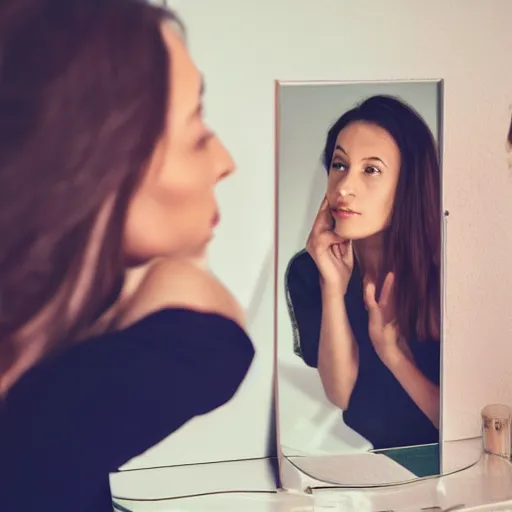 Prompt: a beautiful woman looking at her reflection in the mirror