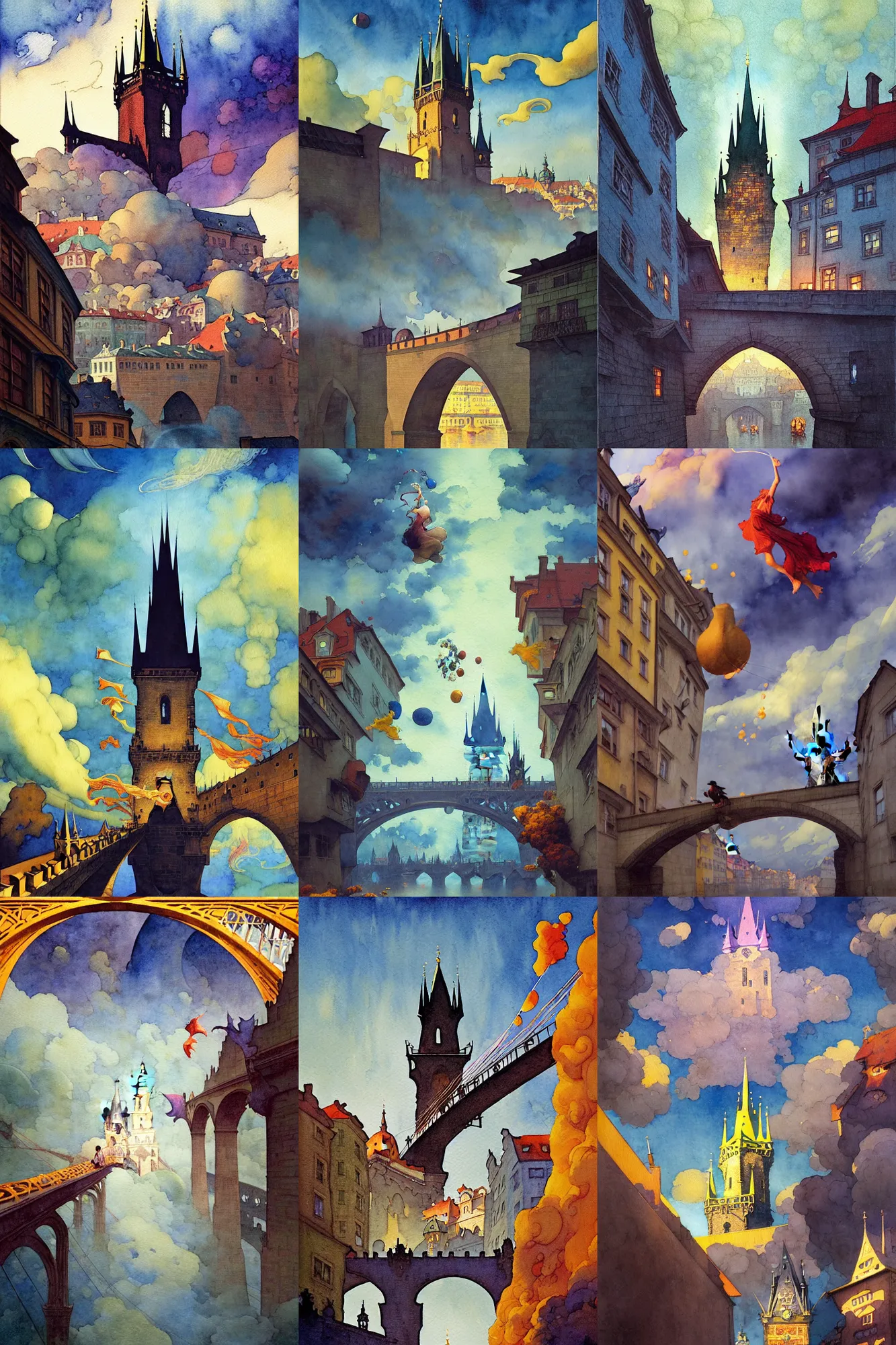 Prompt: dixit card, billowing cloth, focal point, character balancing, prague bridge, spire, dark fantasy. intricate, amazing composition, colorful watercolor, by ruan jia, by maxfield parrish, by shaun tan, by nc wyeth, by michael whelan, by escher, illustration, gravity rush, volumetric