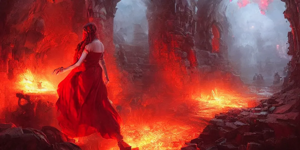 Image similar to woman in red opening a portal to hell in a village, beautiful composition, wide angle, colorful, cinematic, volumetric lighting, intricate details painting, by art germ, by greg rutkowski