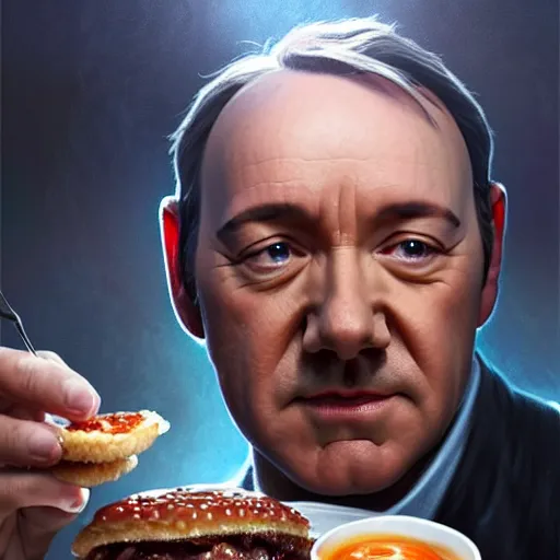 Image similar to Kevin Spacey eating big macs, dripping BBQ Sauce, serving happy meals, D&D, spilling ketchup, fantasy, intricate, elegant, highly detailed, digital painting, artstation, concept art, matte, sharp focus, illustration, hearthstone, art by Artgerm and Greg Rutkowski and Alphonse Mucha