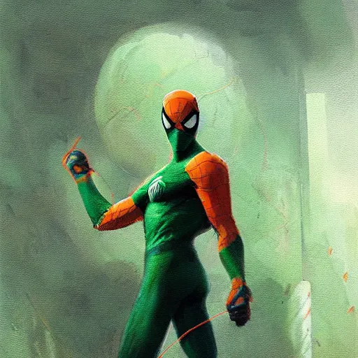 Image similar to an orange and green spiderman by greg rutkowski