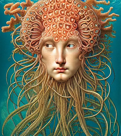 Prompt: hyperrealistic detailed underwater face portrait of the beautiful god of the jellyfish with an intricate headgear of corals, sea kelp, sea plants, fish, starfish, jellyfish, art by ernst haeckel, victor ngai, john william godward, gothic, neo - gothic, ornamental, beautiful deep colours,