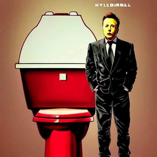 Prompt: hyperrealism aesthetic ridley scott and denis villeneuve and gaspar noe style photography of a detailed hyperrealism elon musk, siting on the detailed hyperrealism toilet bowl and scrolling his detailed smartphone in hyperrealism scene from detailed art house movie in style of alejandro jodorowsky and wes anderson hyperrealism volumetric ambient light