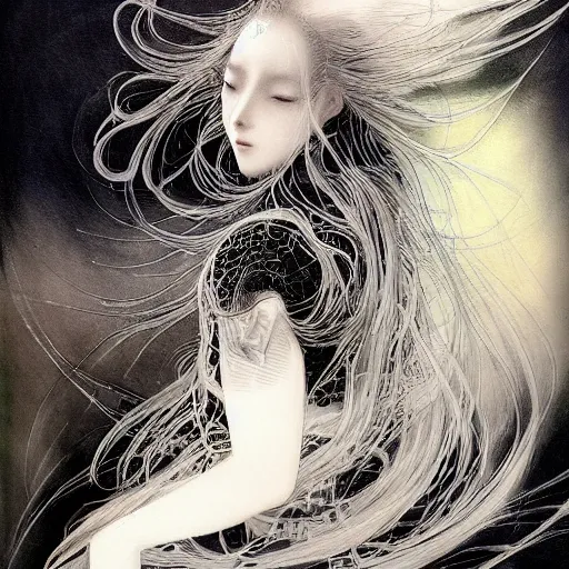 Image similar to yoshitaka amano blurred and dreamy realistic illustration of a japanese woman with black eyes, wavy white hair fluttering in the wind wearing elden ring armor with engraving, abstract patterns in the background, satoshi kon anime, noisy film grain effect, highly detailed, renaissance oil painting, weird portrait angle, blurred lost edges, three quarter view