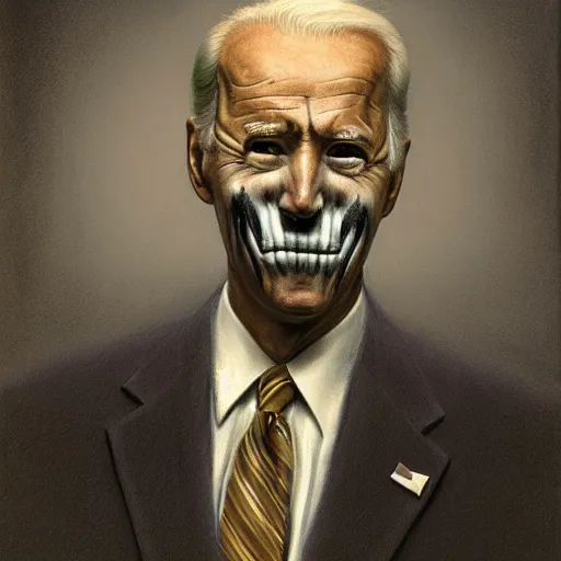 Image similar to presidential portrait of joe biden with smoking eyes and mouth as slenderman, by beksinski, jon mcnaughton, and stephen gammell