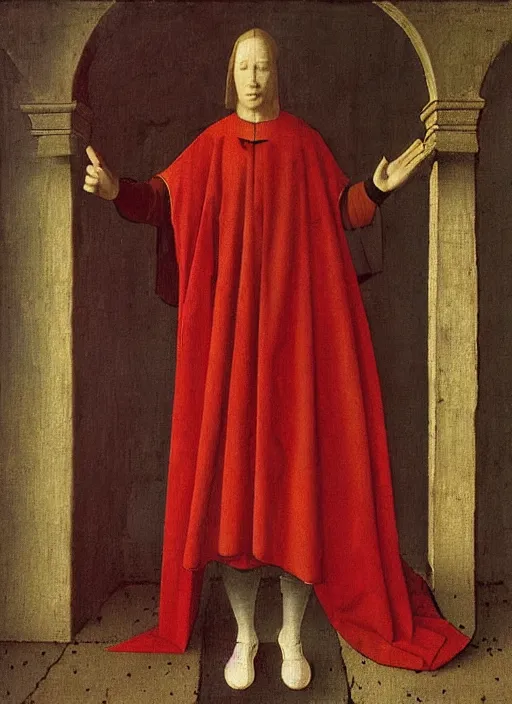 Image similar to red cloth, medieval painting by jan van eyck, johannes vermeer