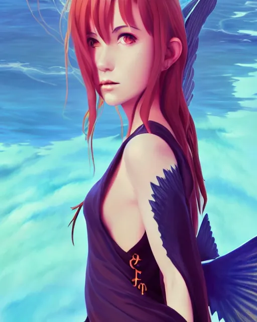Image similar to portrait of a sea witch with fish wings, confident pose, pixie, genshin impact, majestic, satanic, sharp focus, illustration, highly detailed, concept art, matte, trending on artstation, anime, art by ilya kuvshinov, strong strokes, photo of asuna from sao
