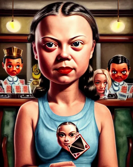 Image similar to closeup profile portrait of a tin toy greta thunberg as a 1 9 3 0 s gangster's moll in a gambling den, bikini, hyper realistic, artstation, illustration, nicoletta ceccoli, mark ryden, lostfish, max fleischer, digital paint, matte paint, vivid colors, bright, cheerful, detailed and intricate environment