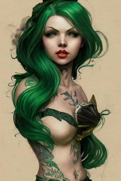 Image similar to green hair tattooed pinup hannah murray, rogue bard, dnd, deep focus, turnaround, fantasy, intricate, elegant, highly detailed, digital painting, artstation, concept art, matte, sharp focus, illustration, hearthstone, art by artgerm and greg rutkowski and alphonse mucha.