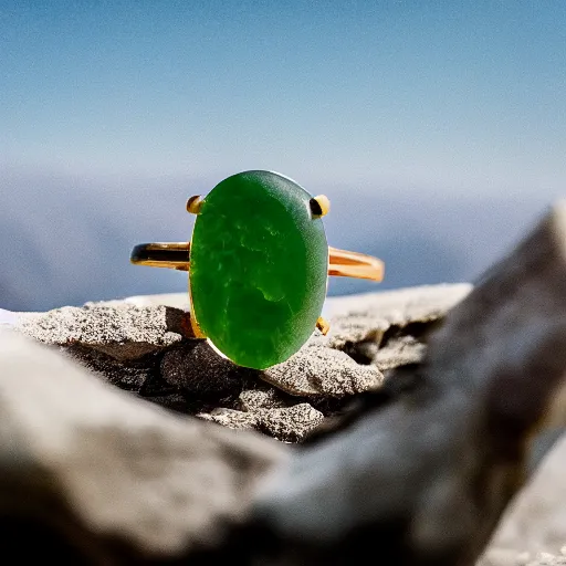 Prompt: a jade ring is sitting on the peak of mount everest, clear focus, bokeh effect, high res, hasselblad, dslr, cinematic