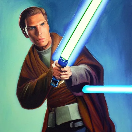 Image similar to jerma 9 8 5 wielding a blue lightsaber, jedi, detailed painting, trending on artstation