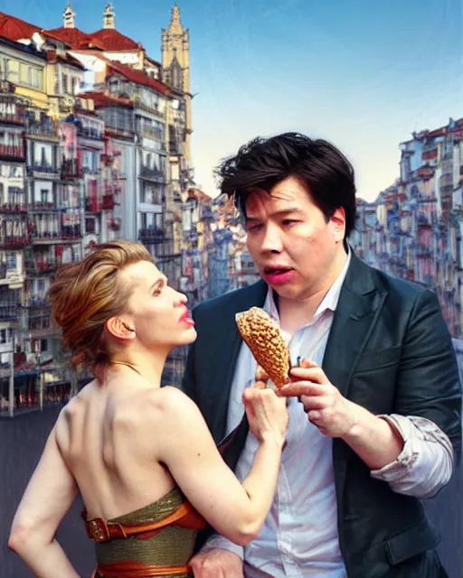 Image similar to Portrait of Michael Mcintyre & Scarlett Johanssen eating ice creams in Porto,real life skin, intricate, elegant, highly detailed, artstation, concept art, smooth, sharp focus, art by artgerm and greg rutkowski and alphonse mucha