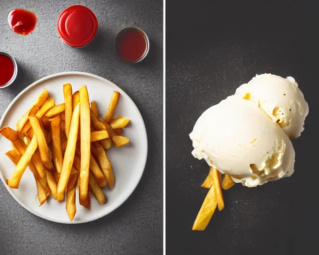 Image similar to dslr food photograph of vanilla ice cream with ketchup on, a leaf of basil on the ice cream, french fries on the side, a bottle of ketchup, 8 5 mm f 1. 4