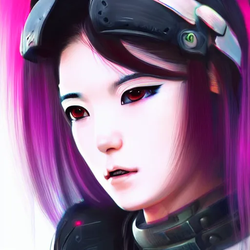 Prompt: closeup of a young cyberpunk samurai lady wearing a visor, digital painting, anime style, Artstation, by Artgerm