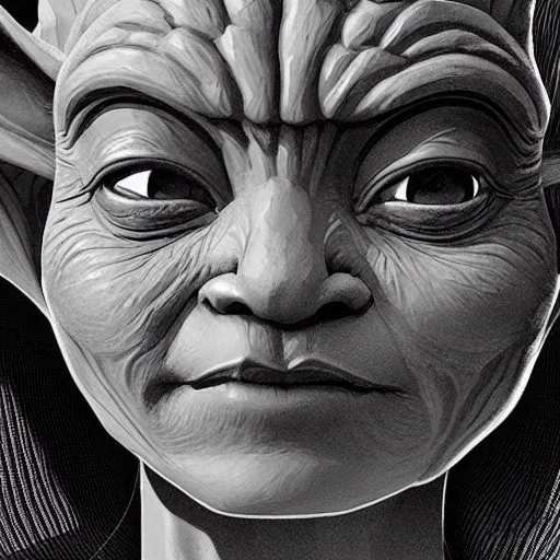 Image similar to yoda, female, jedi master, wearing the traditional jedi robe, beautiful and uniquely odd looking, detailed symmetrical close up portrait, intricate complexity, in the style of artgerm and ilya kuvshinov, magic the gathering, star wars art,