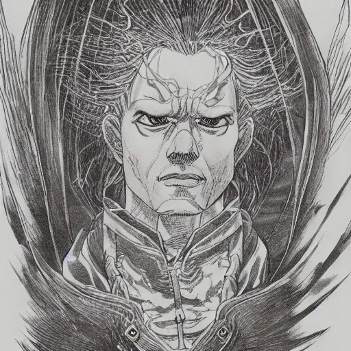 Image similar to prompt: portrait drawn by Katsuhiro Otomo, inspired by Lord of The Rings characters, magical and alchemical objects on the side, soft light, white background, intricate detail, intricate ink painting detail, sharp high detail, manga and anime 2000