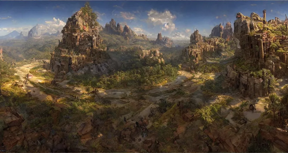 Image similar to A panoramic 360 photo of gameplay from a videogame painted by James Gurney. Matte painting. Fantastic incredible intriguing mysterious engaging impressive masterpiece lighting. Colorful environment, rule of thirds, symmetrical balance, depth layering, polarizing filter, Sense of Depth, AI enhanced