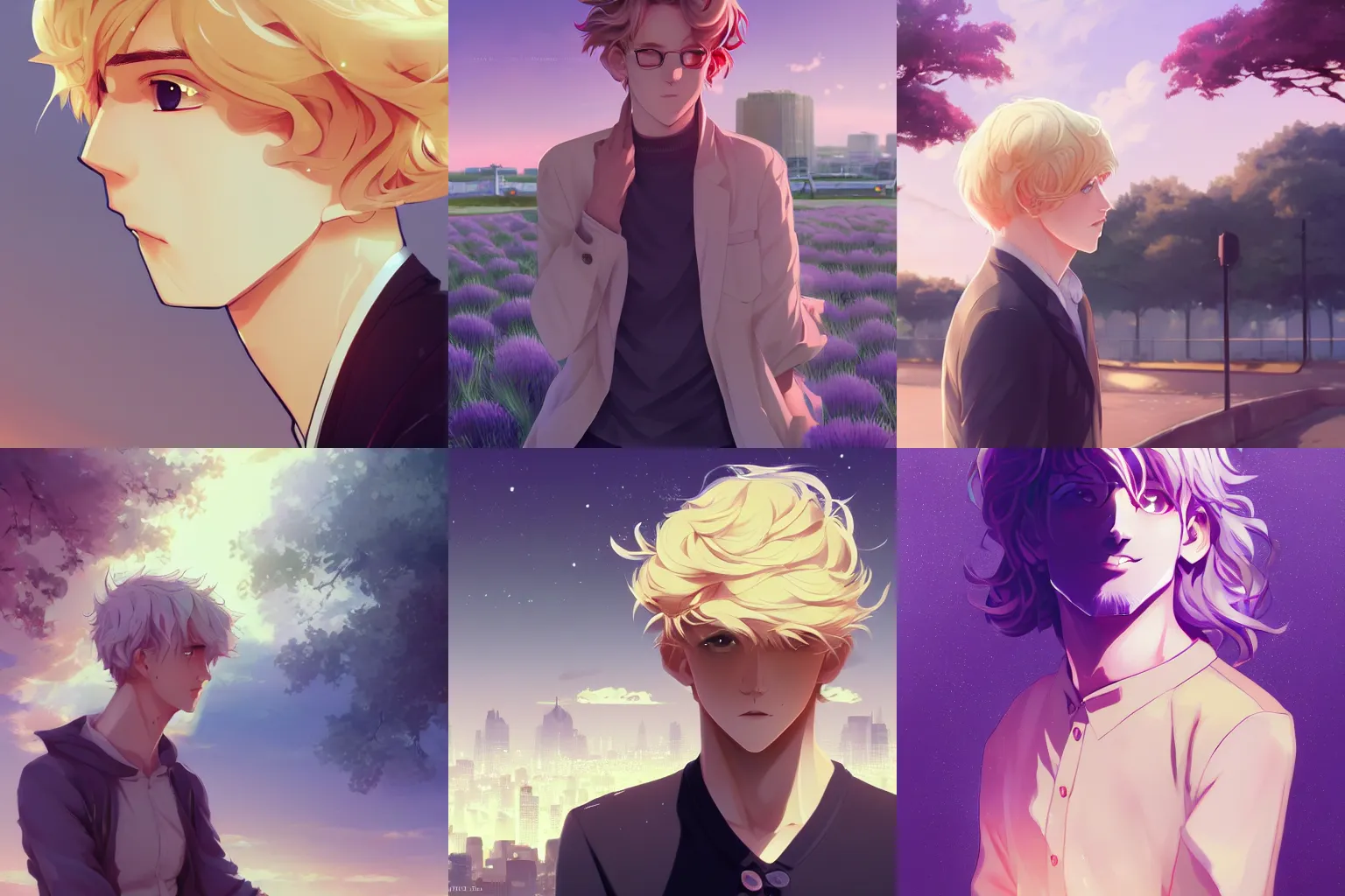 Prompt: a beautiful man with a two block haircut, light gold fluffy curly blond hair and pale white skin, lavender eyes, city landscape, 4k, anime key visual, lois van baarle, ilya kuvshinov, rossdraws, artstation