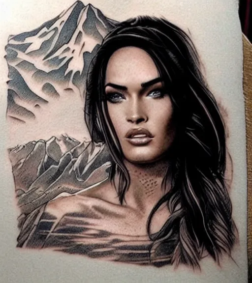 Image similar to double exposure effect tattoo design sketch of megan fox with beautiful mountain scenery, realism tattoo, in the style of matteo pasqualin, amazing detail, sharp