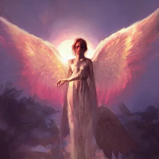 Image similar to a scary biblically accurate angel, many wings many eyes in a beautfiful sky, pink clouds illuminated by the sun, eerie, monster like, by craig mullins