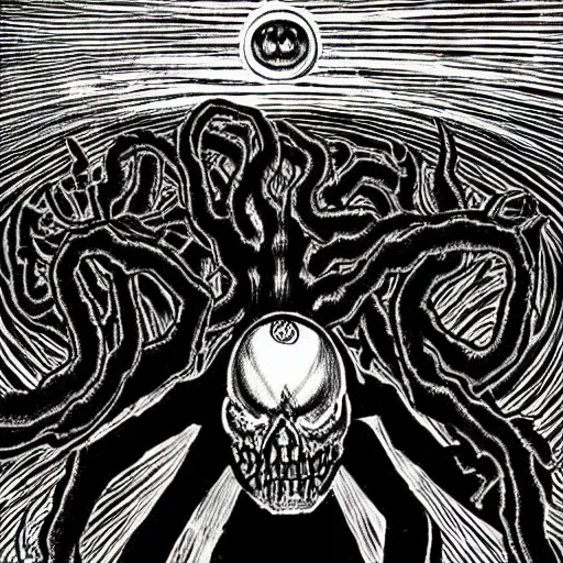 Image similar to Eldritch Horror eating the Sun, dark, horror, art by Junji Ito