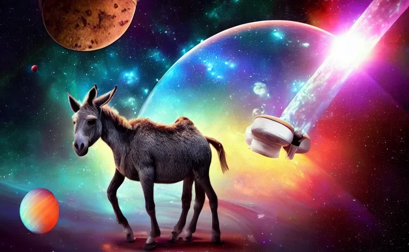 Prompt: “a donkey floating in space playing the bongos, surrounded by planets , nebula , realistic, 4K, sci fi, futuristic vaporwave, retro, volumetric lighting, depth of field, ”