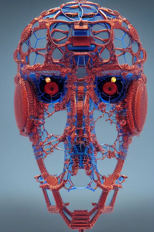 Prompt: complex 3d render ultra detailed of a complex robot face, mechanical cyborg, 3 point lighting, blue rim light, silver gold red details, fine mesh details, hexagonal mesh wire, filigree intricate details, hyperrealistic, mandelbrot fractal, anatomical, robotic parts, facial muscles, cable electric wires, microchip, elegant, octane render, 8k post-processing