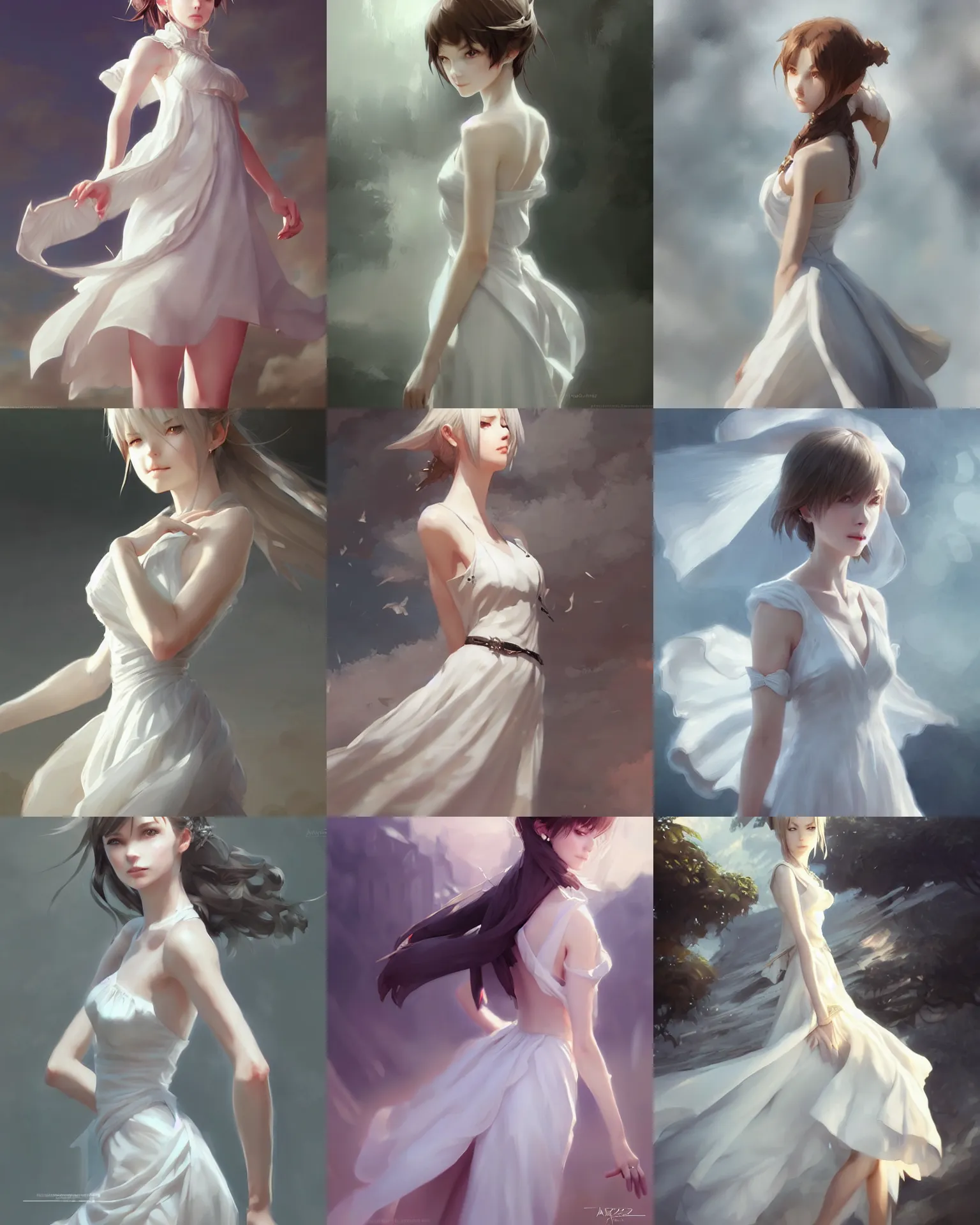 Prompt: a girl with elegant white dress, digital art by krenz cushart, laurie greasly, wlop, artgerm, intricate, ( highly detailed figure ), sharp focus, smooth, epic composition, joyful, unreal engine