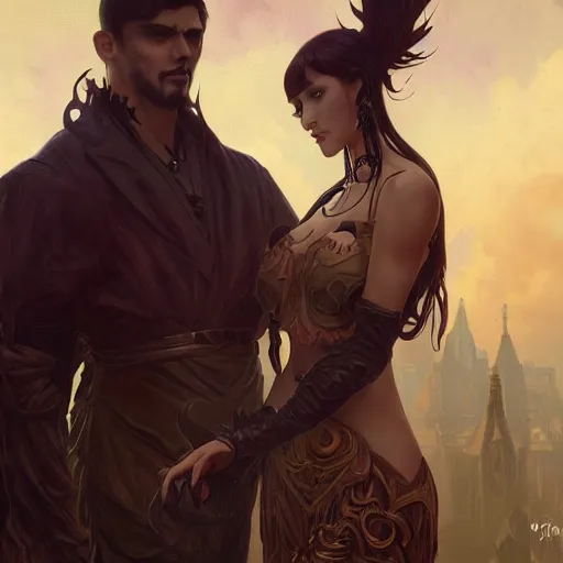 Image similar to a tall goth girl and a strong buff handsome man, family photo, cute, intricate, highly detailed, digital painting, artstation, concept art, smooth, sharp focus, illustration, unreal engine 5, 8 k, art by artgerm and greg rutkowski and alphonse mucha