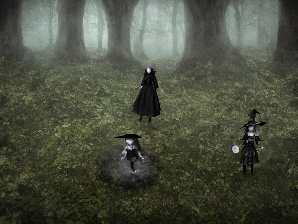 Image similar to cute gothic fumo plush witch girl ventures deep into the forbidden forest, ancient overgrown pagan monument summoning circle, volumetric fog and smoke, the bog of dark abyss, vray