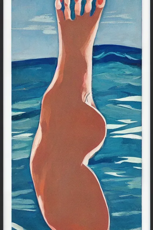 Image similar to the outline of a talon and foot against the backdrop of an ocean, mid century art