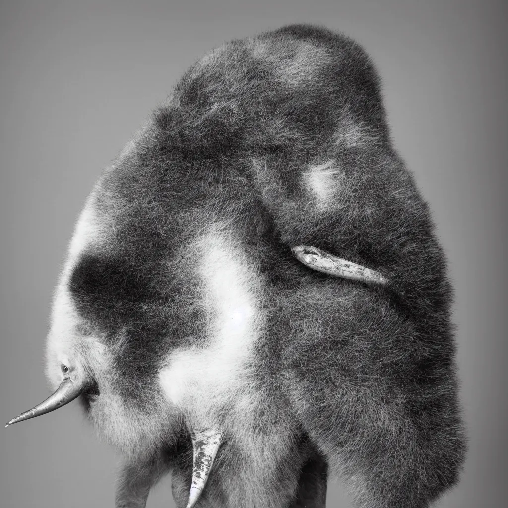 Prompt: rare classified photo, black & white, studio lighting, a short skinny bull penguin elephant rabbit, real fur, real hair, real feather, real skin