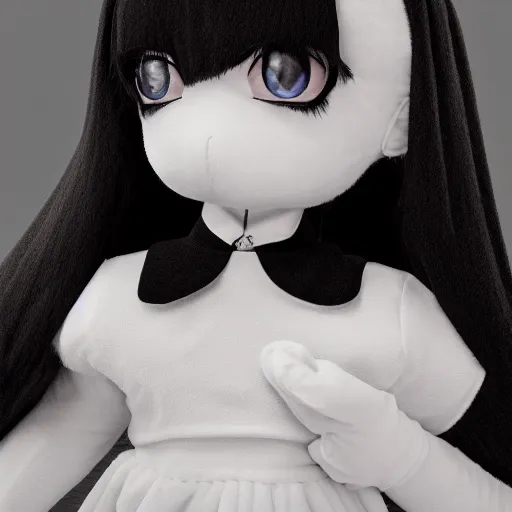 Image similar to a cute fumo plush of a girl with an enormous forehead, soft shadow, black and white, vray