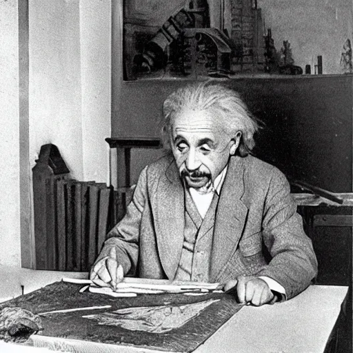 Image similar to Albert Einstein as a child making a crayon drawing of rocket