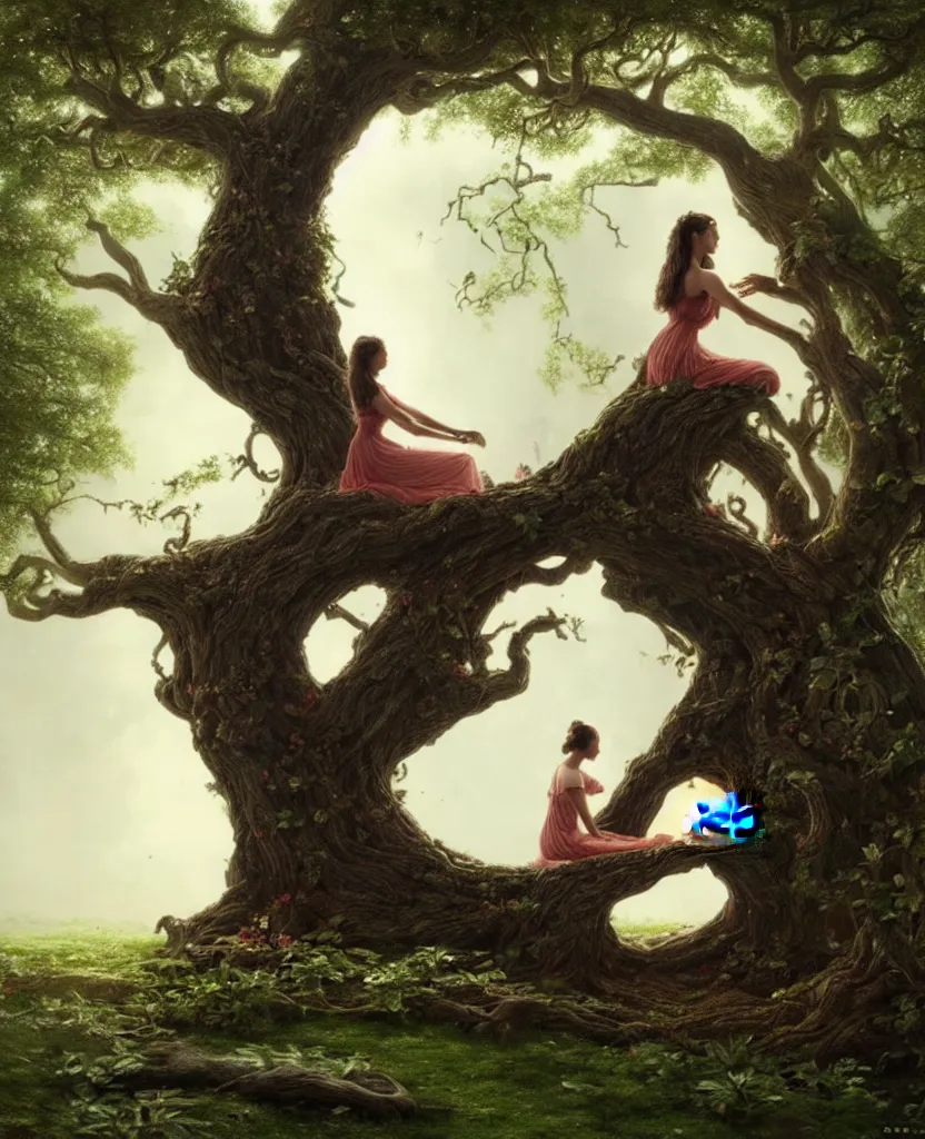 Image similar to woman playing a piano sitting on a giant tree, very detailed, 8k, maximized, ornate, masterpiece, complex, by Greg rutkowski, Alex Gray, surrounded by smoke