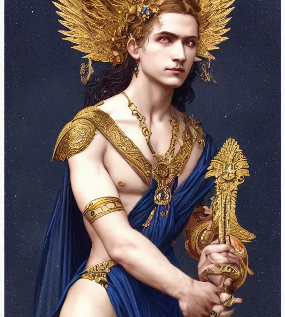 Image similar to male, god of death, in the underworld, elegant dark blue dress, very detailed, throne, very intricate details, jewelry, gold line tattoos, elaborate long hairstyle, wings, cinematic, artstation, william bouguereau, alphonse mucha, greg rutkowski, rossdraws, octane render