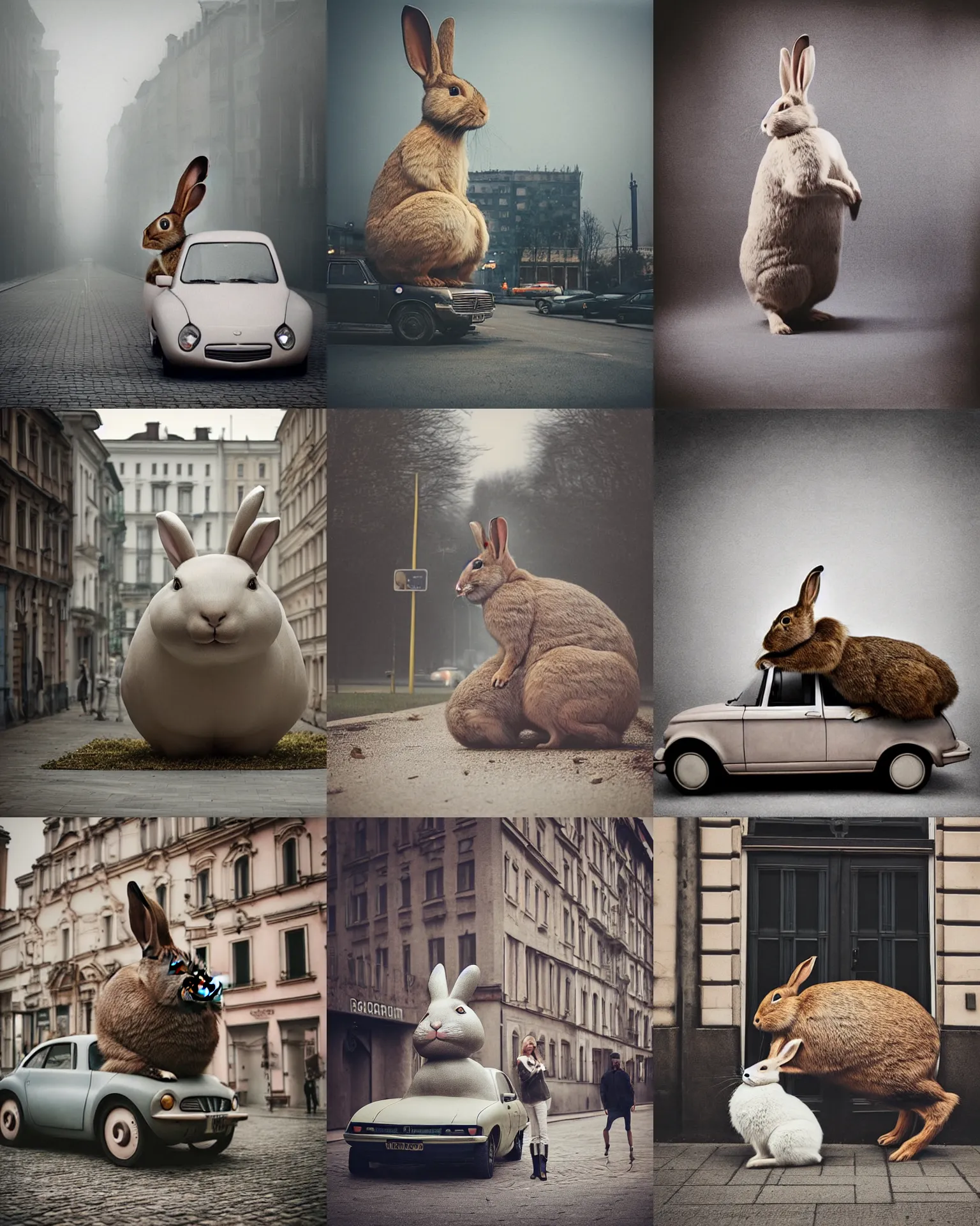 Prompt: real rabbit!!! giant oversized real rabbit, in legnica, full body, polish cars, cinematic focus, polaroid photo, vintage, neutral dull colors, soft lights, foggy mist, by oleg oprisco, by thomas peschak, by discovery channel, by victor enrich, by gregory crewdson