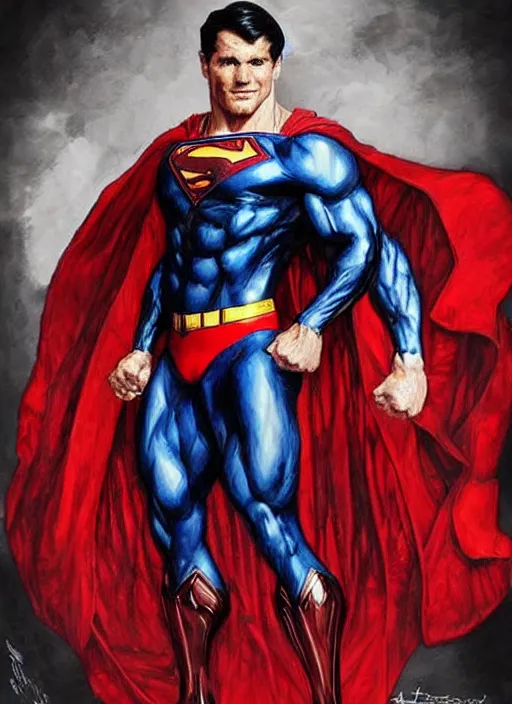 Image similar to portrait of crossfit bodybuilder sprinter superman!, futuristic detailed costume, red and black costume!!!, painted art by tsuyoshi nagano, greg rutkowski, artgerm, alphonse mucha, spike painting