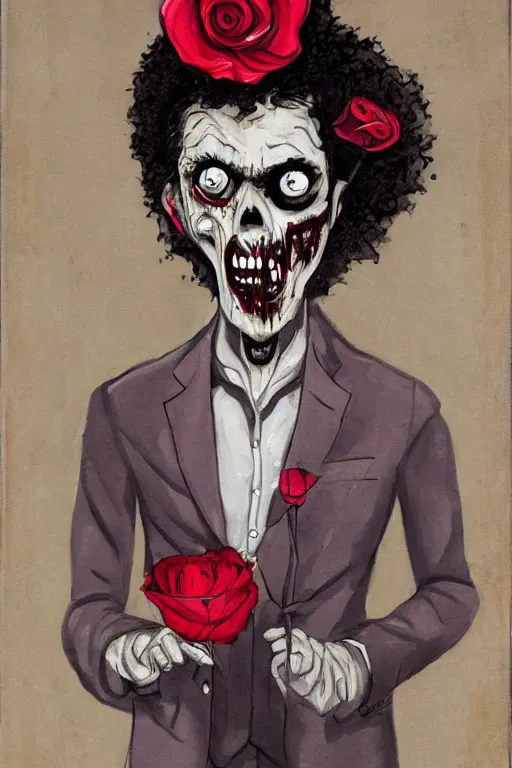 Image similar to portrait of a romantic zombie in a suit holding a rose and smiling