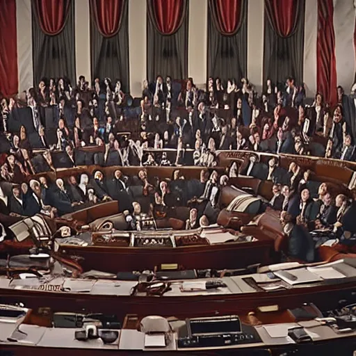 Image similar to a bunch of monsters in place of congressmen arguing on the floor of the capital 4k photorealistic