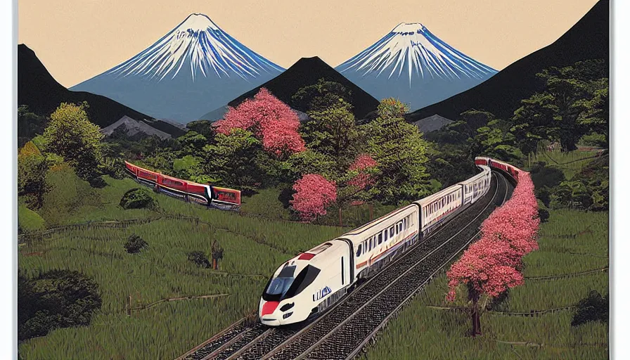 Prompt: award winning graphic design poster, cutouts constructing an contemporary art depicting mount fuji, rural splendor, and bullet train, isolated on white, mixed media painting by jules julien