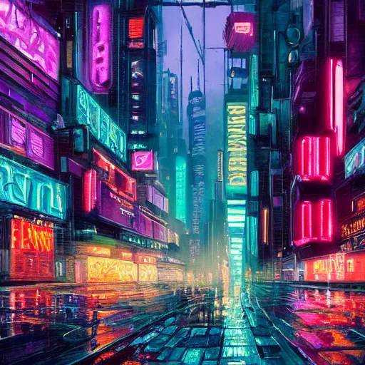 Prompt: an impressionist oil painting of a cyberpunk city with a lot of neon signs, highly detailed, texture, masterpiece, trending on artstation, pink, purple, huge scale, beautiful