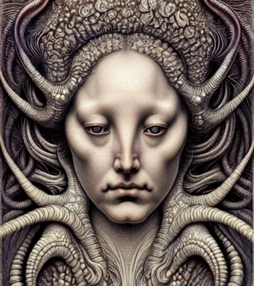 Image similar to detailed realistic beautiful conch goddess face portrait by jean delville, gustave dore, iris van herpen and marco mazzoni, art forms of nature by ernst haeckel, art nouveau, symbolist, visionary, gothic, neo - gothic, pre - raphaelite, fractal lace, intricate alien botanicals, ai biodiversity, surreality, hyperdetailed ultrasharp octane render