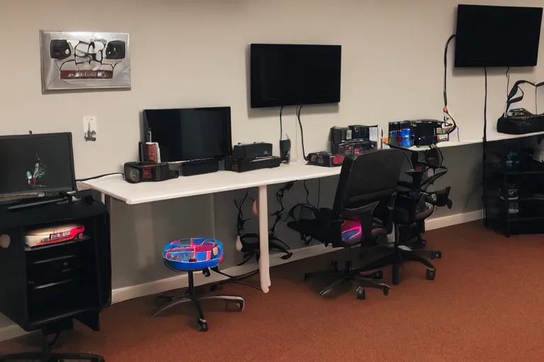 Prompt: gaming setup in the backrooms