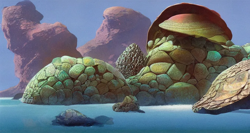 Image similar to giant abalone - shaped seashell house in the ocean, by roger dean, john harris, cell shaded graphics, concept art, 3 d