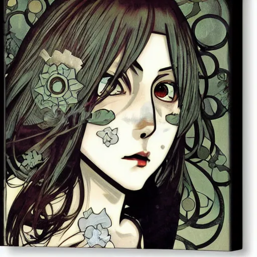 Image similar to anime manga skull portrait woman comic skeleton illustration style by Alphonse Mucha pop art nouveau