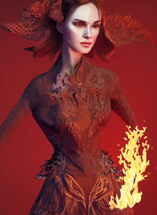 Image similar to 3d fashion portrait with fire, female, future, torch, flame, harper's bazaar, vogue, fashion magazine, intricate, concept art, close up, ornate, luxury, elite, elegant, trending on artstation, by ruan jia, by Kenneth Willardt, by ross tran, by WLOP, by Andrei Riabovitchev,