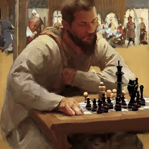 Image similar to portrait of man in medieval clothes playing chess, detailed by greg manchess, craig mullins, bernie fuchs, walter everett