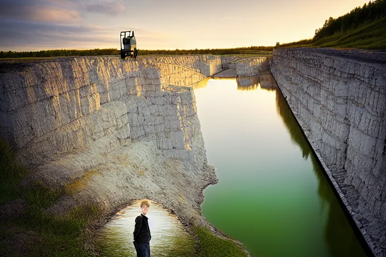 Image similar to an abandoned water - filled lime quarry. the water filled quarry is located in oland, sweden. golden hour, portrait, dslr, 3 5 mm, wide angle, the happiest childhood summer memories, magical realism photograph by erik johansson