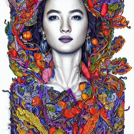 Image similar to the portrait of a beautiful and elegant young woman made up of peppers, an ultrafine detailed illustration by james jean, intricate linework, bright colors, final fantasy, behance contest winner, vanitas, angular, altermodern, unreal engine 5 highly rendered, global illumination, radiant light, detailed and intricate environment